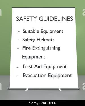 Illustration 3D d'un écran déroulant affichant les principales consignes de sécurité : équipement adapté, casques de sécurité, équipement d'extinction d'incendie, premiers secours Banque D'Images