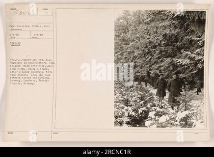 Le VP Biesty et le VP Reynolds du quartier général de la 4e brigade d'artillerie de campagne du 4e corps d'armée sont vus en train de profiter d'une promenade à travers des forêts de pins enneigées entre Cochem et Coblenz, en Allemagne. La photographie a été prise par le sergent Chas. E. Mace le 8 avril 1919 et reçu le 1 juin 1919. Banque D'Images