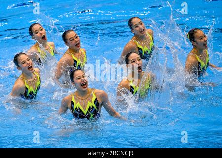 Fukuoka, Japon. 16 juillet 2023. Team Japan participe au Mixed Team Tech Preliminary lors des 20e Championnats du monde aquatiques au Marine Messe Hall A de Fukuoka (Japon), le 16 juillet 2023. Crédit : Insidefoto di andrea staccioli/Alamy Live News Banque D'Images