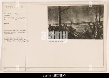 Un équipement de mitrailleuses avance près d'Esnes lors d'une attaque d'artillerie, le 26 septembre 1918. Photographie prise par Pvt. Berhens, S.C. Légende créée par l'artiste militaire officiel américain, le capitaine Wallace Morgan. Cette image est descriptive et factuelle, et elle fait partie de la collection « photographies des activités militaires américaines pendant la première Guerre mondiale ». Banque D'Images