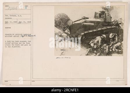 Légende : « l'image représente un char blessé pendant la première Guerre mondiale L'artiste militaire officiel américain, le capitaine H. Jornand, a illustré la scène où le secours arrive, incitant le char à fermer ses portes et à continuer vers son objectif. Photographie prise le 10 février 1919 par Pvt. Berhens, S.C.' Banque D'Images
