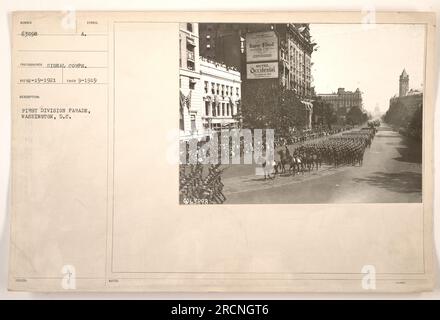 L'image représente le défilé de la première Division à Washington, DC pendant la première Guerre mondiale. Elle a été prise par le signal corps et le numéro de la photographie est 63898. Elle a été prise en septembre 1919, peu après la fin de la guerre. L'image montre des membres de la première Division marchant dans le défilé. Banque D'Images