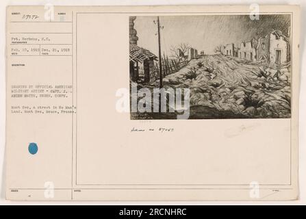 Légende : le soldat Berhens de la division S.C. photographié sur Mont sec, une rue du No Man's Land pendant la première Guerre mondiale. La photographie a été prise le 21 décembre 1918 par un photographe militaire américain officiel. Cette image a été dessinée par l'artiste Capt J. Andre Smith du corps des ingénieurs et a été publiée comme une documentation des activités militaires américaines dans la Meuse, en France. Banque D'Images