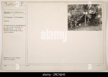 Le sergent de 1e classe L. G. Morper du signal corps est photographié à Osches Woods. L'image montre le quartier général du peloton des pionniers du 317th Infantry, sous le commandement du lieutenant M. G. Thomas. Cette photographie a été prise le 19 septembre 1918 à Osches, Meuse, France. La date de la censure et de la délivrance est inconnue. Banque D'Images