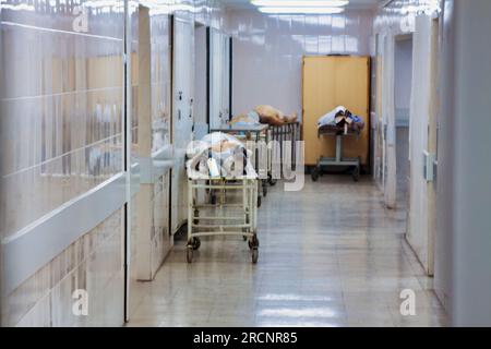 morgue à l'hôpital avec plusieurs corps, étiquettes accrochées aux pieds Banque D'Images