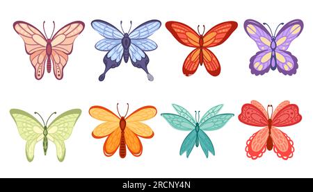 Ensemble d'illustration vectorielle de dessin animé d'insecte papillon coloré de style animal isolé sur fond blanc Illustration de Vecteur