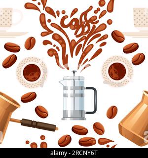 Thème de café de modèle sans couture avec cafetière de presse française et illustration vectorielle cezve sur fond blanc Illustration de Vecteur