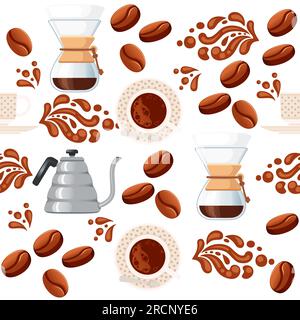 Modèle sans couture thème de café Drip Coffee Brewing avec filtre suintement et illustration vectorielle de bouilloire sur fond blanc Illustration de Vecteur