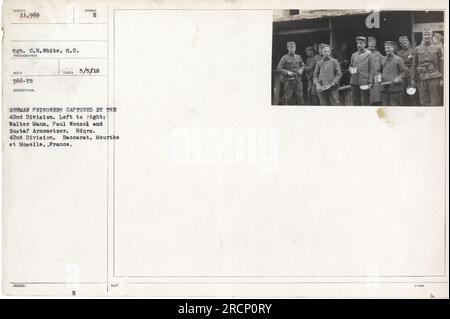 L'image #111-SC-1196 représente trois prisonniers de guerre allemands capturés par la 42e division. De gauche à droite, leurs noms sont Walter Mann, Paul Wenzel et Gustaf Arnemetzer. Cette photographie a été prise le 5 mai 1918, au siège de la 42e Division à Baccarat, Meurthe et Moselle, France. Banque D'Images