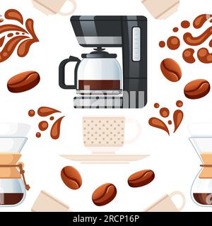 Thème de café de modèle sans couture avec machine à café et illustration vectorielle d'équipement d'infusion goutte à goutte sur fond blanc Illustration de Vecteur