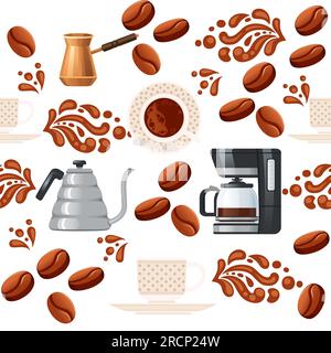 Thème de café de modèle sans couture avec machine à café et illustration vectorielle cezve sur fond blanc Illustration de Vecteur