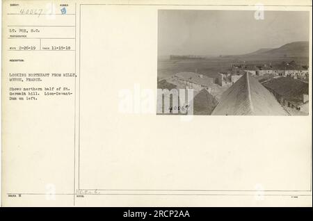 Photographie prise le 15 novembre 1918 par le lieutenant Fox. L'image représente la vue de Milly, Meuse, France, regardant vers le nord-est. Il montre la moitié nord de St. Colline Germain avec Lion-devant-Dun sur la gauche. La photographie a été publiée avec les notes de M. Moen. (111-SC-40067) Banque D'Images