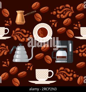 Thème de café de modèle sans couture avec machine à café et illustration vectorielle cezve sur fond brun Illustration de Vecteur