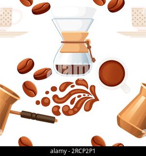 Modèle sans couture thème de café Drip Coffee Brewing avec filtre suintement et illustration vectorielle cezve sur fond blanc Illustration de Vecteur