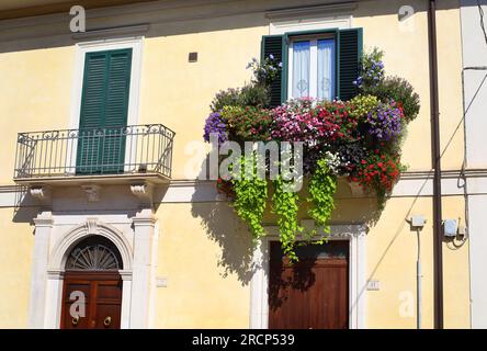 Affichage floral sur un balcon à Sulmona, Abruzzes, Italie. Banque D'Images