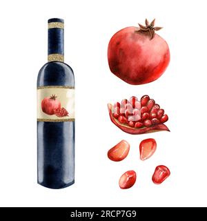 Bouteille de vin rouge aquarelle grenade avec des fruits, des morceaux et des graines illustration isolée sur fond blanc Banque D'Images