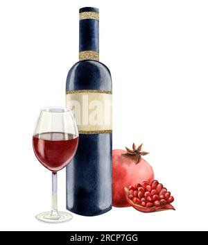 Bouteille de vin rouge à la grenade aquarelle et verre avec illustration de fruits entiers et de tranches isolée sur blanc pour la cave Banque D'Images