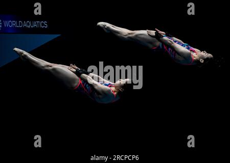 Fukuoka, Japon. 16 juillet 2023. Matsuri Arai et Minami Itahashi, du Japon, concourent dans la finale synchronisée du 10m Platform Women lors du 20e Championnat du monde de natation à la piscine préfectorale de Fukuoka à Fukuoka (Japon), le 16 juillet 2023. Crédit : Insidefoto di andrea staccioli/Alamy Live News Banque D'Images