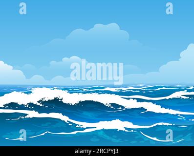 Fond de paysage marin avec surface de mer d'été, vagues, ciel et nuages blancs. Illustration vectorielle Illustration de Vecteur