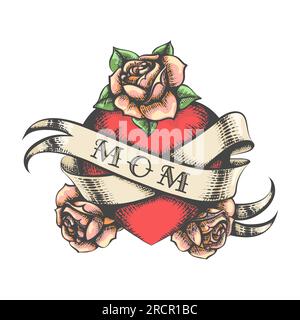 Coeur avec fleurs roses et ruban avec libellé MOM Engraving Tattoo isolé sur blanc. Illustration vectorielle Illustration de Vecteur