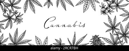 Cannabis design horizontal pour l'emballage, les publications sur les médias sociaux, la décoration des magasins, l'image de marque, les certificats. Illustration vectorielle de marijuana dans le style de croquis. Illustration de Vecteur