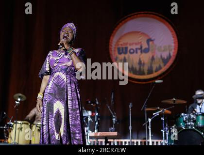 Grass Valley, États-Unis. 14 juillet 2023. California Worldfest a lieu dans le nord de la Californie pendant la canicule de l'ouest des États-Unis. Angelique Kidjo, chanteuse-compositrice lauréate d'un Grammy Award Headlines Friday Schedule. Du 13 au 16 juillet 2023. (Photo de Penny Collins/NurPhoto) crédit : NurPhoto SRL/Alamy Live News Banque D'Images