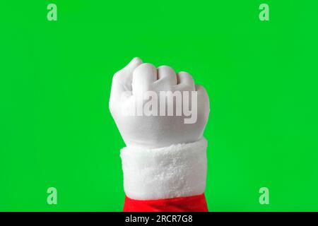 Pack gestes. Main du Père Noël en blanc gants de cognement isolés sur fond d'écran vert Chroma Key. Santa Fist gestuelle Knock Knock Knock Knock Knock. Les vacances Banque D'Images