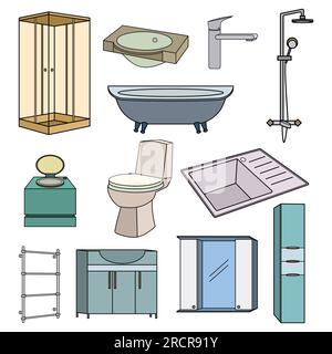 Icônes colorées pour la salle de bain et la salle de toilette. Appareils sanitaires et meubles pour la salle de bain, wc, cuisine. Illustration 3d avec des sujets séparés. Illustration de Vecteur