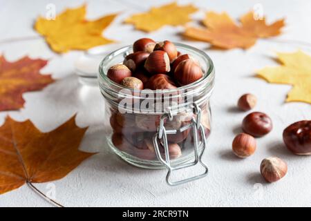 Noisettes et châtaignes dans un récipient en verre sur fond de béton gris et feuilles d'érable jaune d'automne closeup Banque D'Images