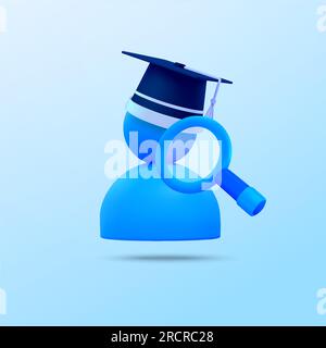 icône homme 3d avec chapeau ou chapeau de graduation, loupe, isolé sur fond. Concept pour recruter, ressources humaines, travailleurs diplômés, candidat, poste. illustration vectorielle 3d. Illustration vectorielle Illustration de Vecteur