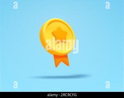 médaille jaune et or 3d avec étoile, style minimal, isolé sur fond. Concept pour récompense, récompense, garantie, haute qualité, certifié, premium, premier rang, diplôme. illustration vectorielle 3d. Illustration vectorielle Illustration de Vecteur