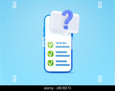 smartphone 3d avec liste de contrôle, case à cocher, point d'interrogation, bulle de pensée, isolé sur fond. Concept pour examen en ligne, sondage, liste de tâches, tâches, rapport. illustration vectorielle 3d. Illustration vectorielle Illustration de Vecteur
