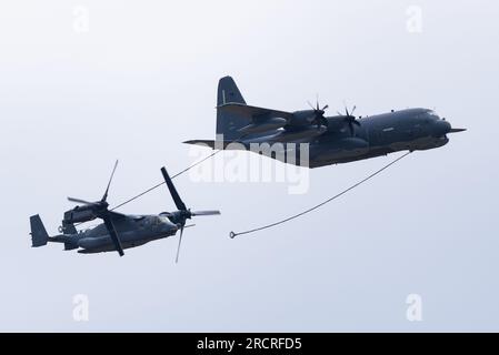 RAF Fairford, Gloucestershire, Royaume-Uni. 16 juillet 2023. Le Royal International Air Tattoo est l’un des plus grands spectacles aériens au monde, mais il a beaucoup souffert des conditions météorologiques extrêmes de vendredi et samedi dans les Cotswolds. Le dimanche de l'événement s'est bien mieux porté avec les chasseurs à réaction militaires, les équipes d'affichage et les autres participants prenant le ciel. Démonstration de ravitaillement de l'USAF avec un Boeing CV-22B Osprey derrière un Lockheed Martin MC-130J Commando II, tous deux de la 352nd Special Operations Wing Banque D'Images