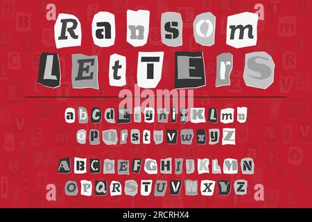 Les lettres grises de style collage de rançon, les chiffres et les signes de ponctuation découpés dans les journaux et les magazines. Collection ABC vintage. Punk rouge, blanc et noir Illustration de Vecteur