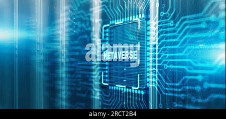 Métaverse d'inscription sur l'icône du processeur. Puce de carte de circuit électronique. Banque D'Images