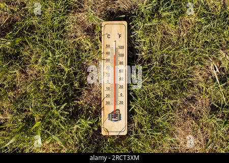 Temps chaud. Thermomètre couché sur l'herbe sèche pendant la canicule. Haute température et concept de météorologie Banque D'Images