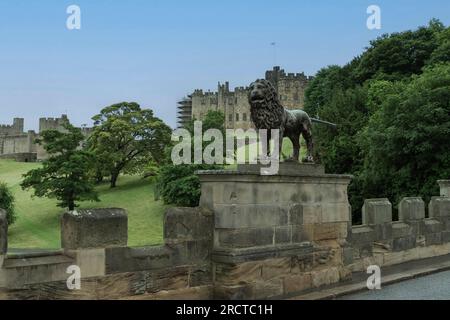 Alnwick, Northumberland, Royaume-Uni - 28 juin 2023 - Statue de Lion sur le Pont du Lion avec le château d'Alnick en arrière-plan Banque D'Images