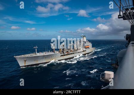 230712-N-OE145-1070 OCÉAN INDIEN (12 juillet 2023) le graisseur de réapprovisionnement de la flotte du Military Sealift Command, USNS Rappahannock (T-AO 204), se détache des États-Unis Le seul porte-avions déployé à l’avant de la Marine, l’USS Ronald Reagan (CVN 76), après un réapprovisionnement en mer, dans l’océan Indien, le 12 juillet 2023. Le commandant de la Force opérationnelle 73 (CTF), en coordination avec le Military Sealift Command Far East (MSC FE), ravitaille et ravitaille les forces navales déployées, ainsi que les alliés régionaux et les partenaires dans l’Indo-Pacifique. Ronald Reagan, le navire amiral du Carrier Strike Group 5, fournit une force prête au combat qui protège un Banque D'Images