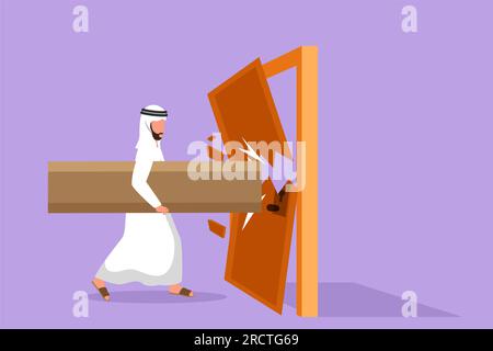 Dessin de style plat de dessin animé homme d'affaires arabe tenant la grande bûche et détruisant la porte. Surmontez les défis de l'entreprise et détruisez les obstacles avec POWER A. Banque D'Images