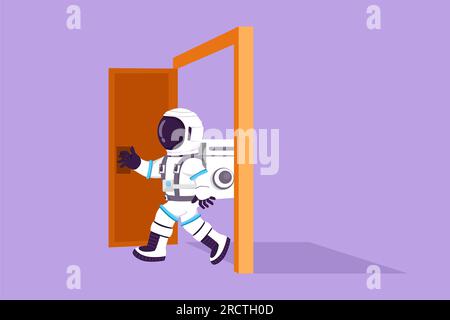 Personnage plat dessinant jeune astronaute marchant à travers un cadre de porte ouvert dans la surface de la lune. Entrer dans une nouvelle concurrence de défi de marché. Cosmonaute extérieur Banque D'Images