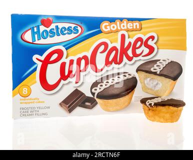 Winneconne, WI - 15 juillet 2023 : un paquet de la nourriture Hostess Golden cupcakes sur un fond isolé. Banque D'Images