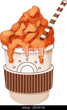 Latte épicé à la citrouille avec crème, tube dans la tasse de papier, boisson chaude de café d'automne confortable dans le style doodle isolé sur fond blanc. Illustration vectorielle Illustration de Vecteur