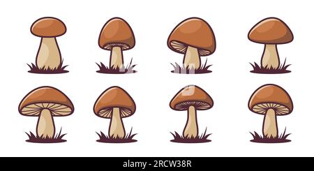 Dessin manuel vectoriel de dessin animé champignon avec icône Contour définie isolée. Illustration de champignons Boletus, bushroom brun, Collection de champignons. Champignons magiques Illustration de Vecteur