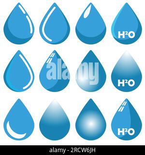 Vecteur de goutte d'eau, formes de logo plat. Collection de 12 icônes de gouttelettes d'eau Illustration de Vecteur