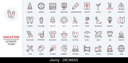 Bateau à bagages croisière destination tropicale, cocktail et maillot de bain pour pool party, masque de plongée et sac à dos. Vacances à la plage d'été et voyage à la mode icônes de ligne mince noir rouge ensemble illustration vectorielle. Illustration de Vecteur
