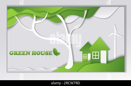 Composition verte de la ville, arbres, lac, maisons, éolienne. Maison coupée en papier, feuilles d'arbre vert à l'intérieur, concept de maison verte, maison écologique, respectueux de l'environnement Illustration de Vecteur