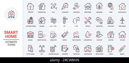 Vector illustration icônes de ligne mince rouge noir définir des appareils de maison intelligents, technologie de réalité virtuelle, logiciel automatisé d'éclairage autonome pour contrôler la température maison, drone de climatiseur Illustration de Vecteur