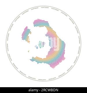 Logo rond Santorini. Forme de style numérique de Santorin en cercle pointillé avec le nom de l'île. Icône technologique de l'île avec des points dégradés. Vecteur net il Illustration de Vecteur