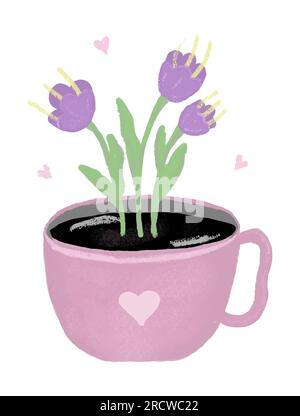 Tasse de café mignon avec des fleurs magiques, illustration colorée Illustration de Vecteur