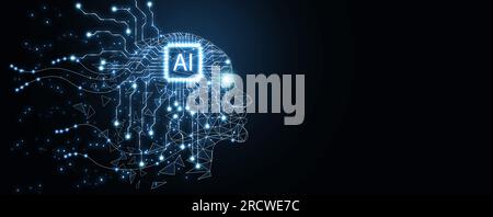 IA - intelligence artificielle. Cerveau et esprit de l'IA. Un visage de robot humanoïde à polygone bas avec un cerveau fonctionnel. Pleine conscience, conscience et conscience Banque D'Images